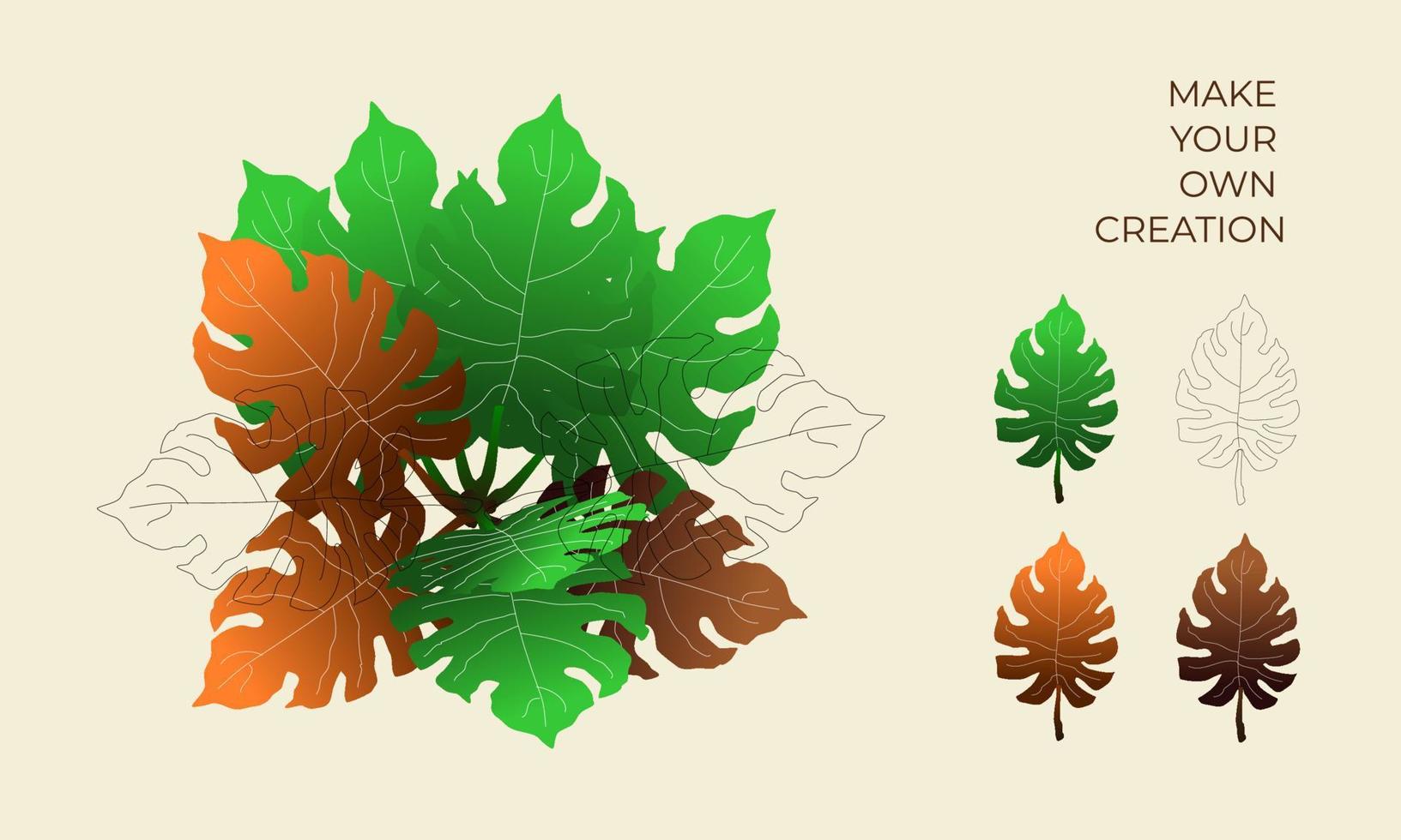 árbol con contorno deja conjunto de ilustración y creación vector