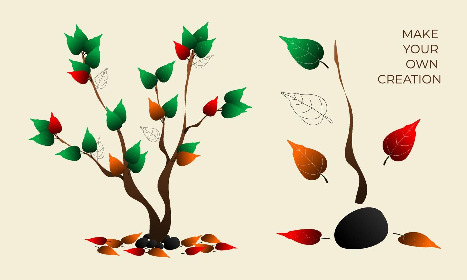 árbol con contorno deja conjunto de ilustración y creación vector