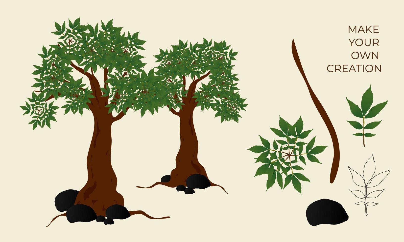 Tree and root with outline leaves illustration and creation set vector