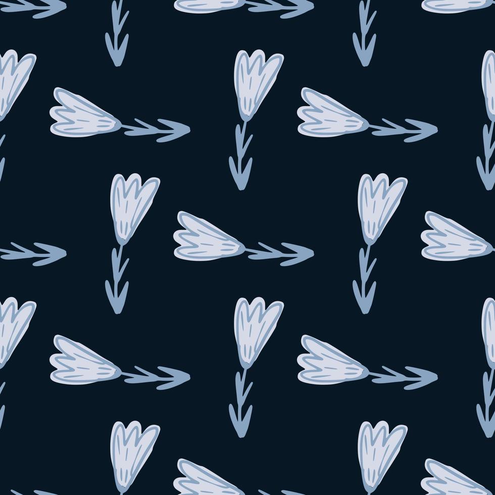 Blue flower tulip silhouettes seamless contrast pattern. Black background. Flora backdrop. vector