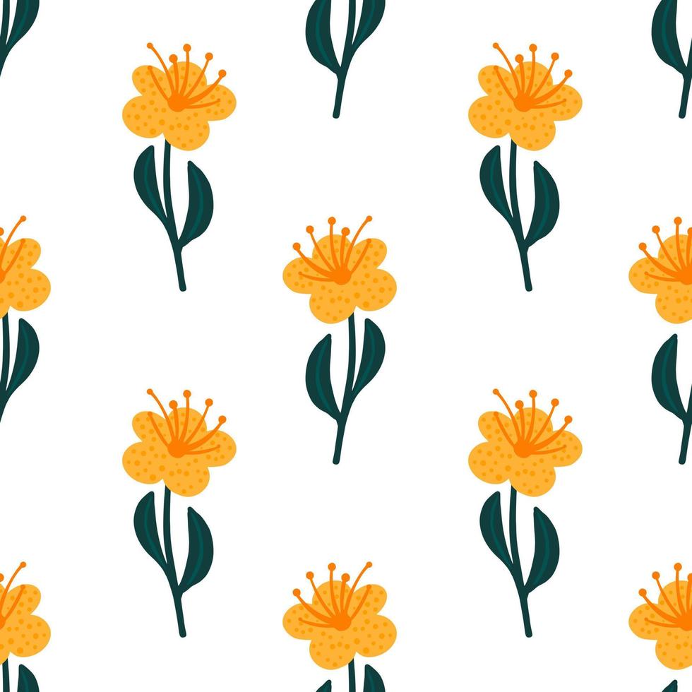 Isolated seamless pattern with bright yellow flower print. White background. Meadow flora backdrop. vector