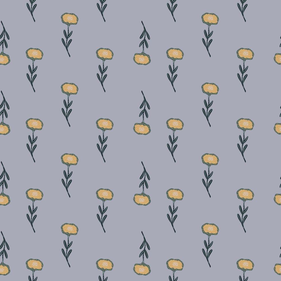 Yellow doodle flowers seamless pattern in hand drawn style. Blue pale background. vector