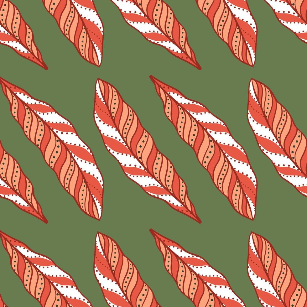 elementos de plumas ornamentales rojas de patrones sin fisuras en estilo étnico. fondo verde adorno natural simple. vector