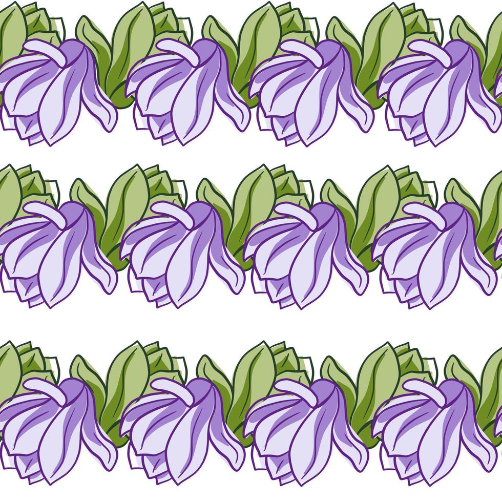 Isolated seamless pattern with purple and green magnolia flowers print. White background. vector