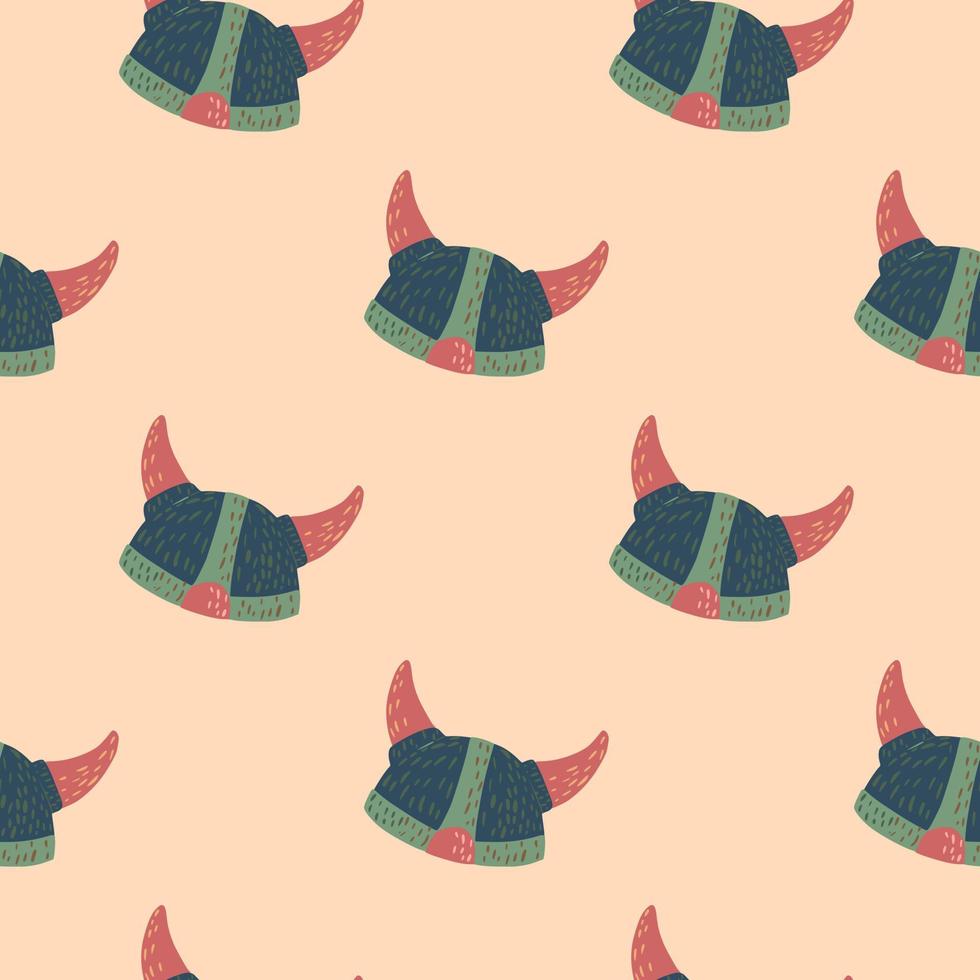 Simple seamless minimalistic pattern with viking helmets silhouettes. Light pink pastel background. Battle backdrop. vector