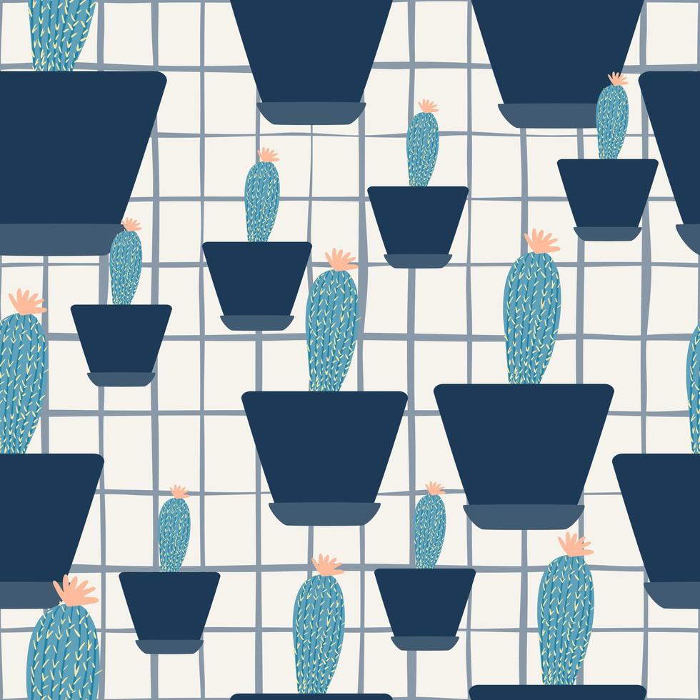 Simple cactus in pot seamless pattern on stripes background. Houseplant cacti wallpaper. vector