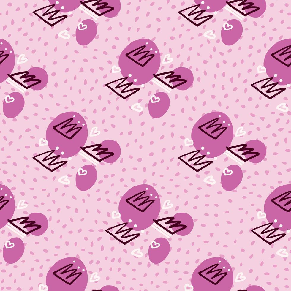 Black crowns ornament and heart silhouettes seamless pattern. Soft pink background with purple splashes and dots. vector