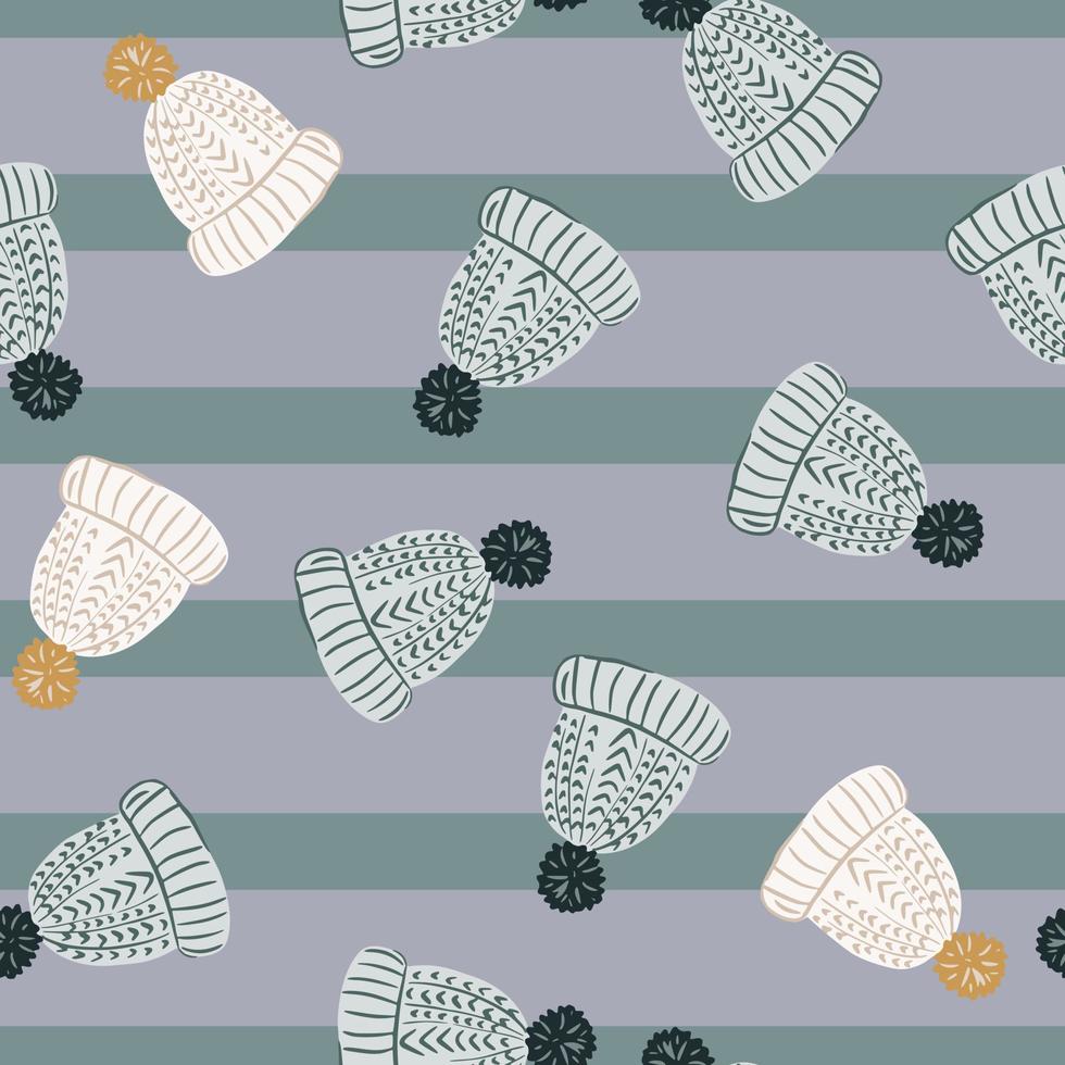 Random seamless christmas pattern with cartoon wool hat shapes. Blue and purple striped background. vector