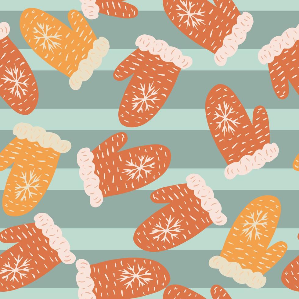 Random seamless pattern with red and orange warm mittens. Blue striped background. vector