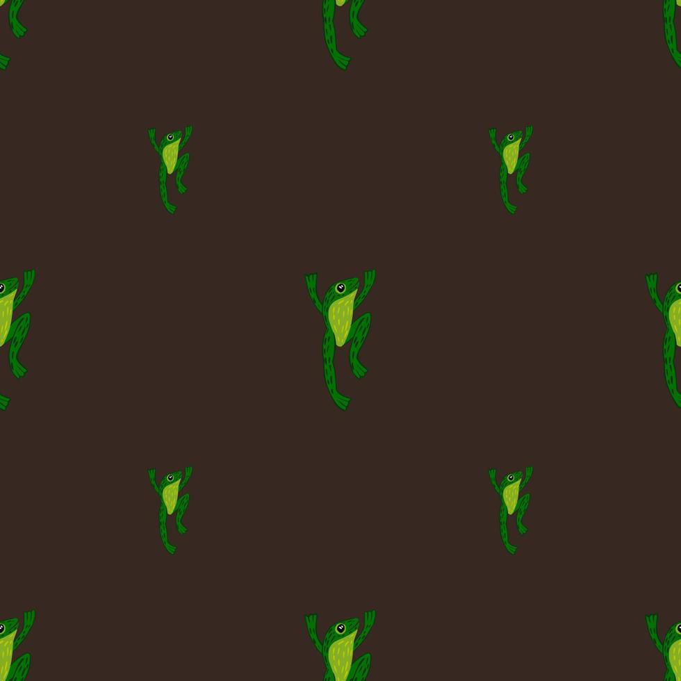 Minimalistic style seamless pattern with bright green frog shapes print. Brown background. Nature wildlife print. vector