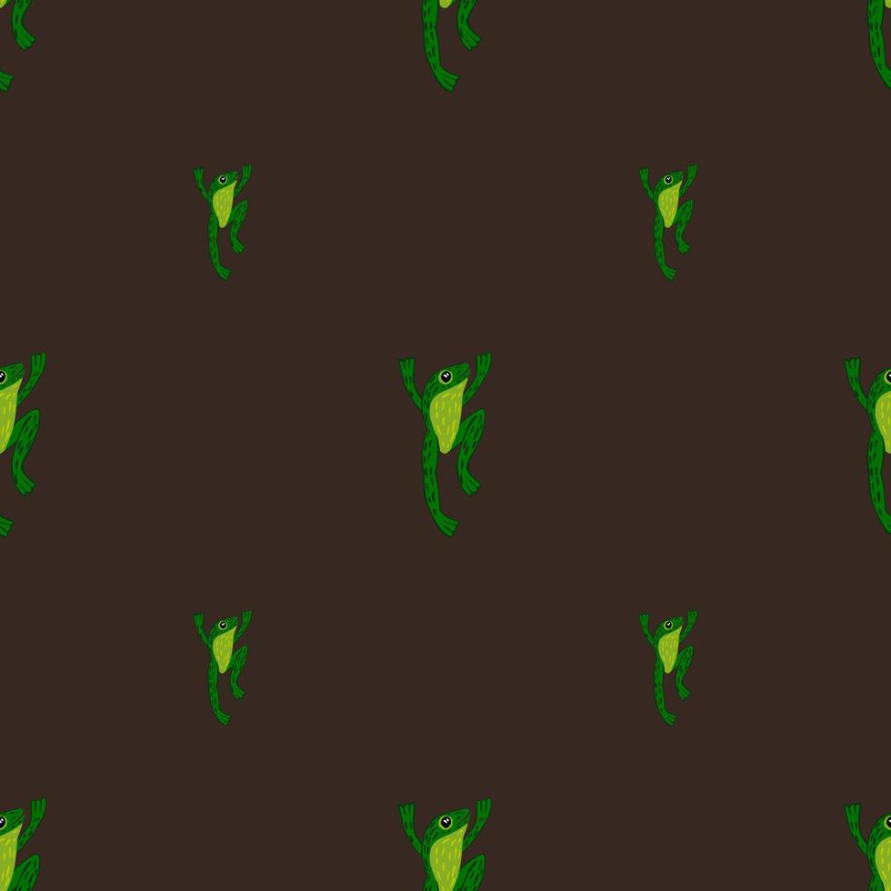 Minimalistic style seamless pattern with bright green frog shapes print. Brown background. Nature wildlife print. vector