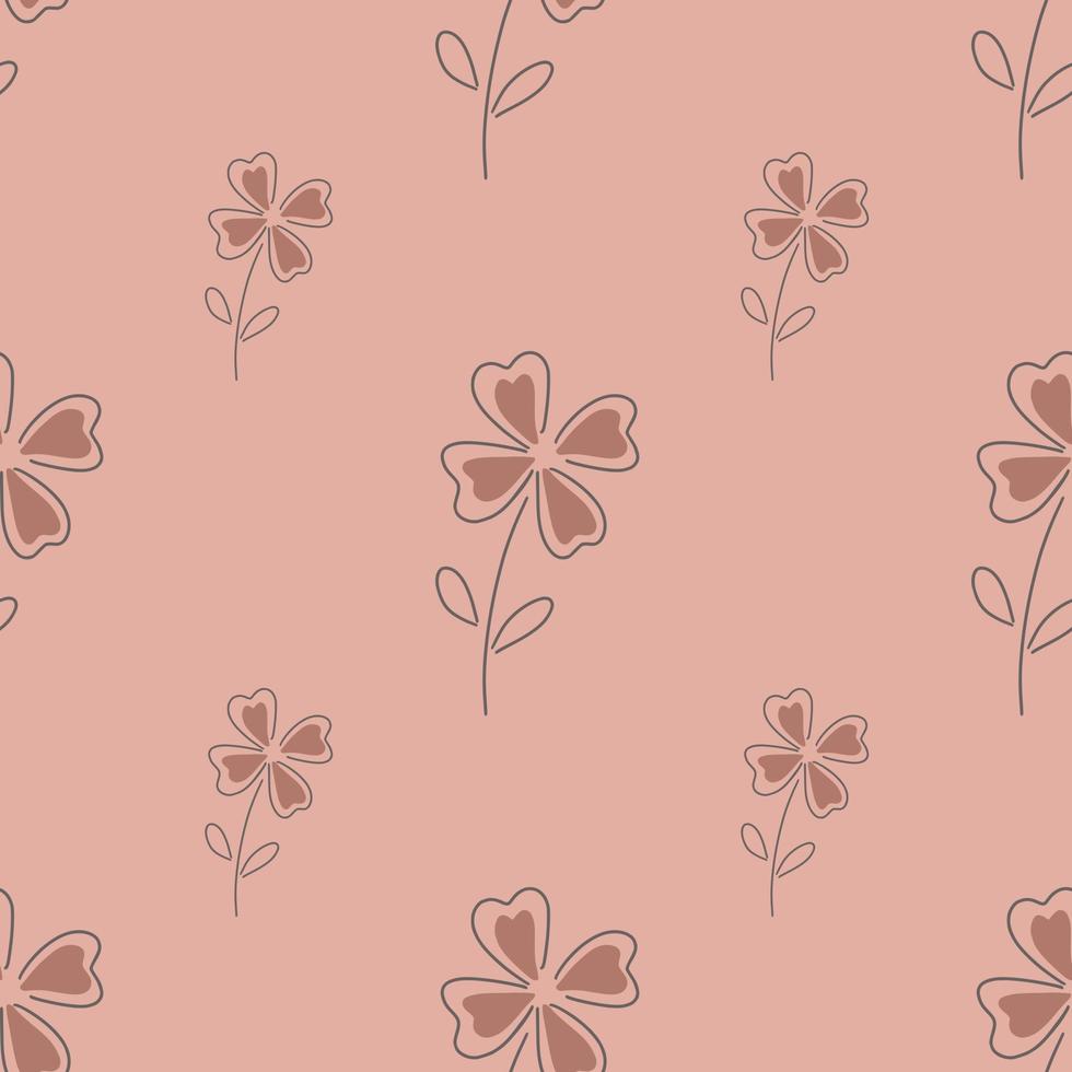 Bloom seamless nature pattern with outline four-leaf clover shapes. Pink pastel background. Floral shapes. vector