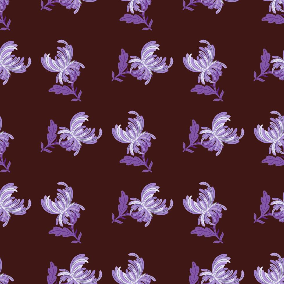 Abstract purple chrysanthemum flowers shapes seamless pattern. Dark maroon background. Bloom print. vector