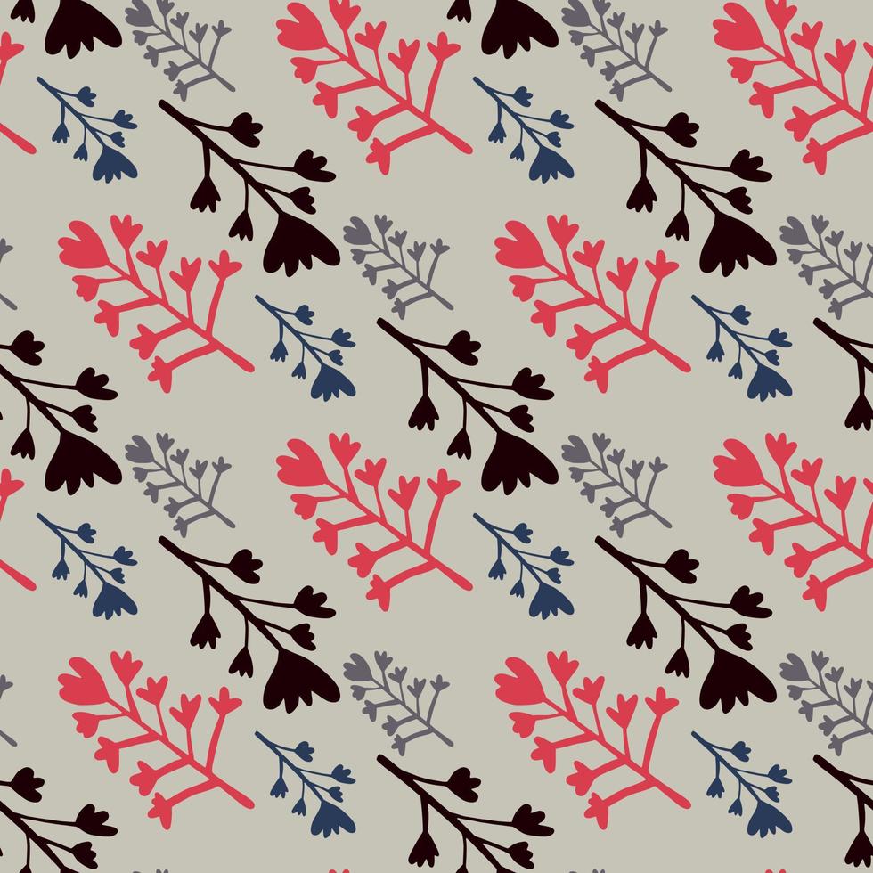 Bright seamless doodle pattern with red, black and navy blue branches. Grey background. Simple backdrop. vector