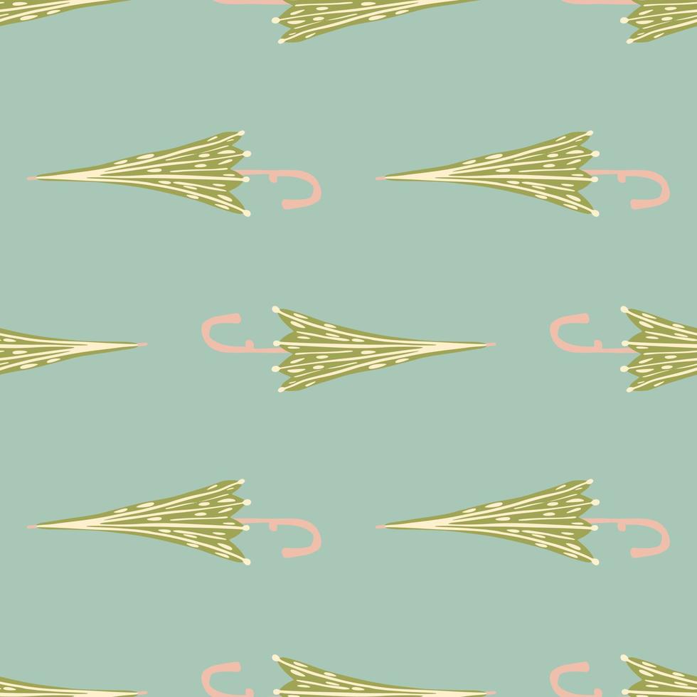 Decorative seamless simple pattern with hand drawn green umbrella elements. Blue background. vector