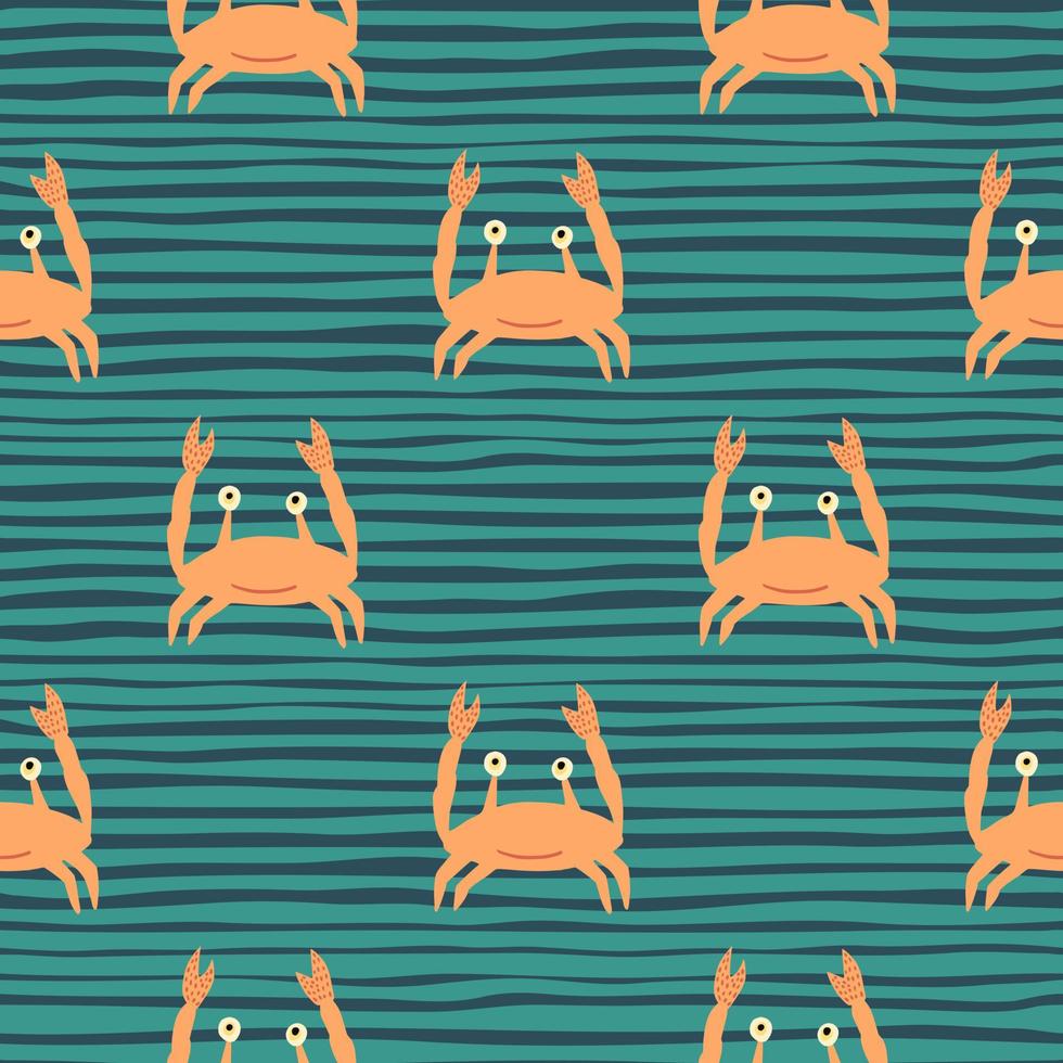 Hand drawn orange crabs characters seamless pattern. Doodle animals on striped turquoise background. vector