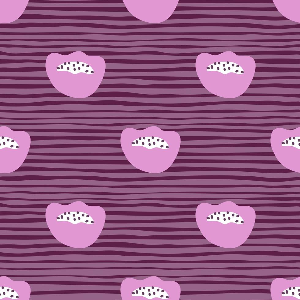 Lilac abstract figures seamless pattern in kids style. Decorative hand drawn print with striped background. vector
