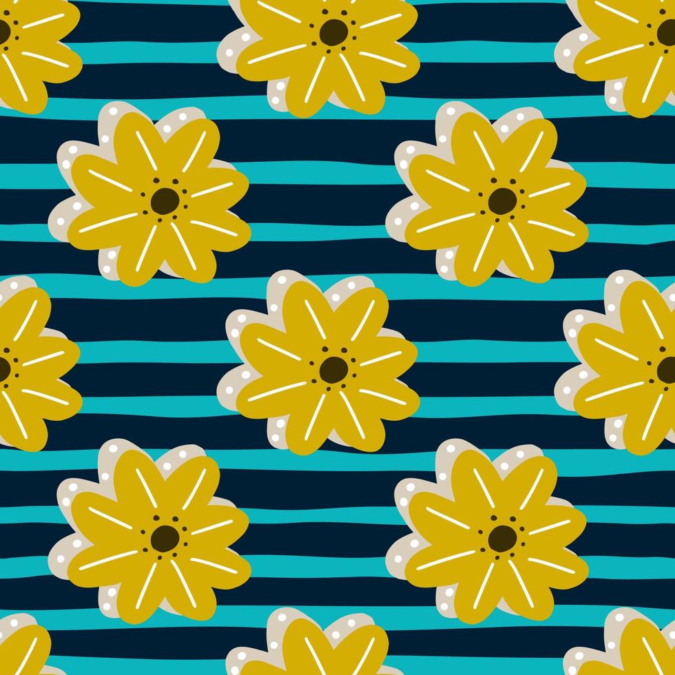 Decorative yellow marguerite flowers seamless doodle pattern. Navy blue striped background. vector