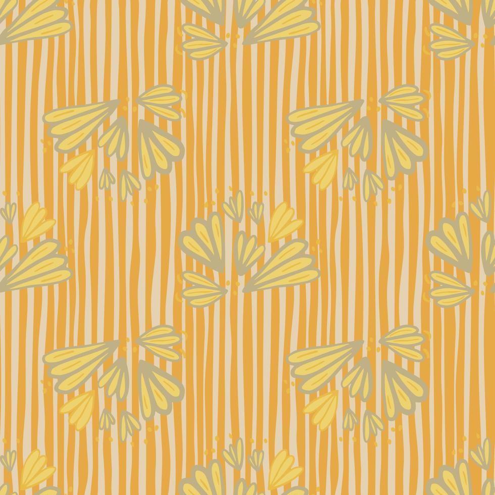 Summer flower ornament simple seamless pattern. Outline floral figures in yellow and blue tones on orange stripped background. vector