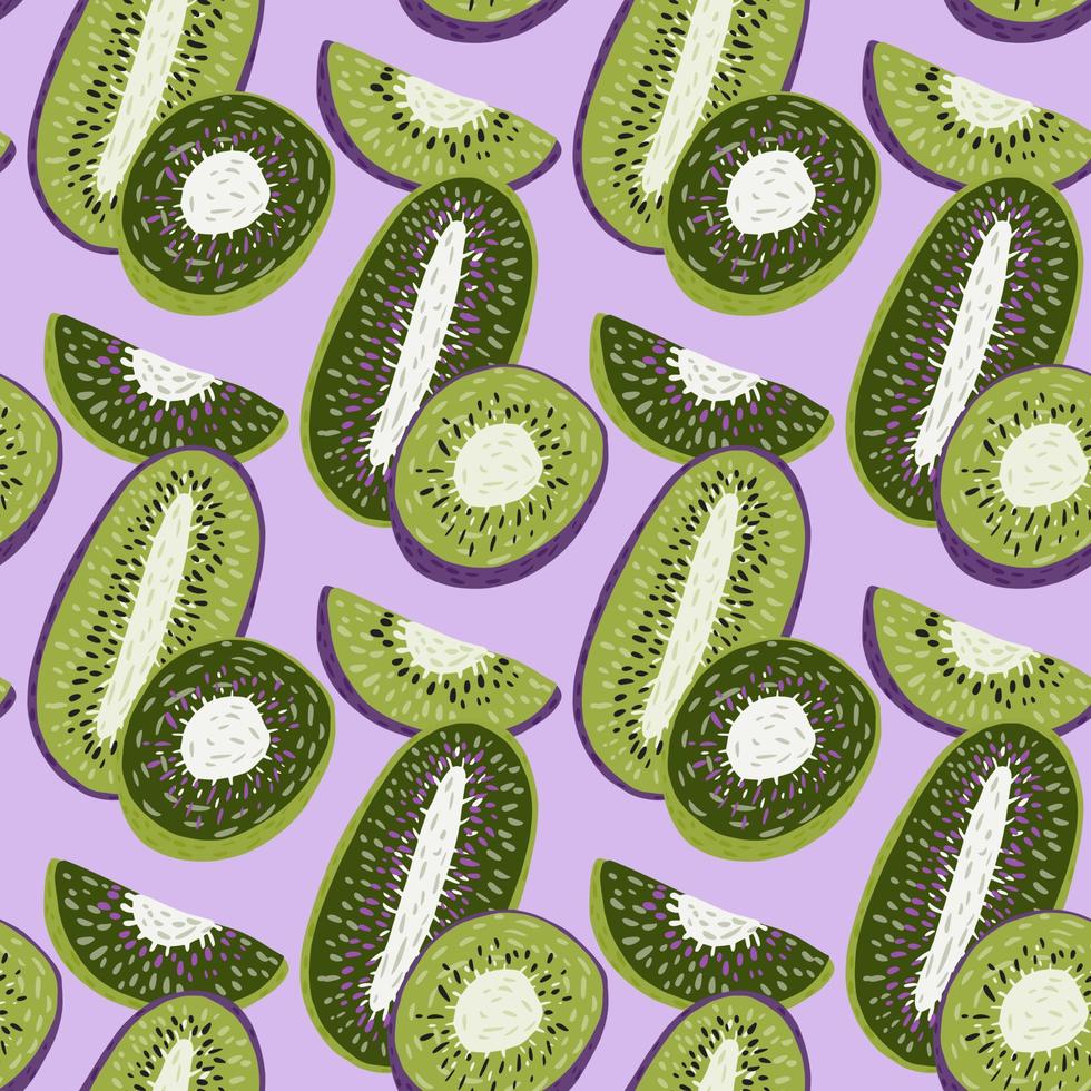 Kiwi abstract slices seamless doodle pattern in green colors. Pastel lilac background. Vitamin summer tropic fruits. vector