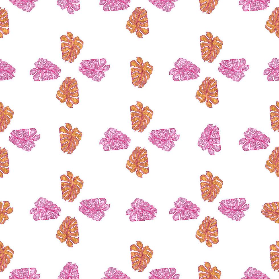 Abstract pink monstera leaves silhouette seamless pattern on white background. Geometric tropic foliage backdrop vector