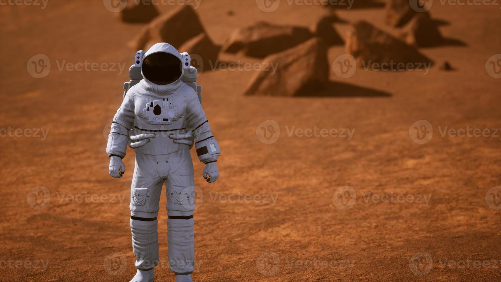 Astronaut on Mars Surface. Red Planet Covered in Gas and rock photo