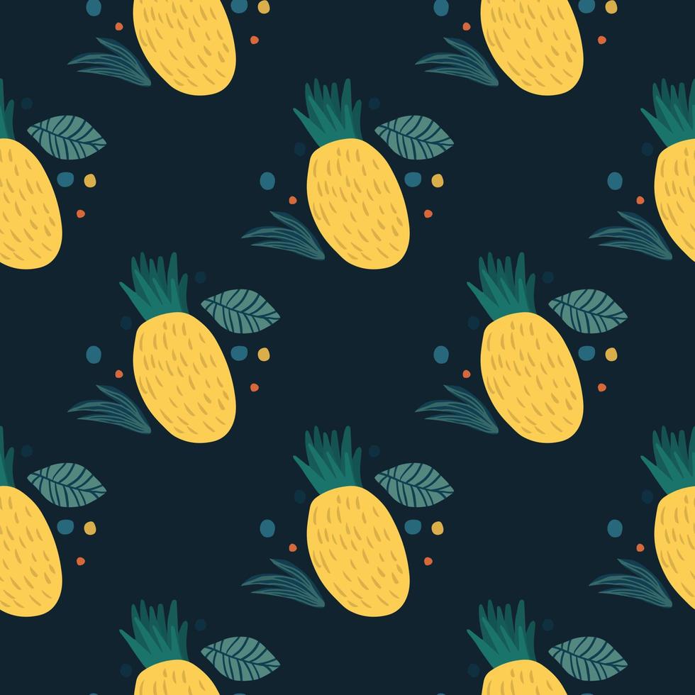 Pineapple seamless pattern on black background. Hand drawn pineapple vector