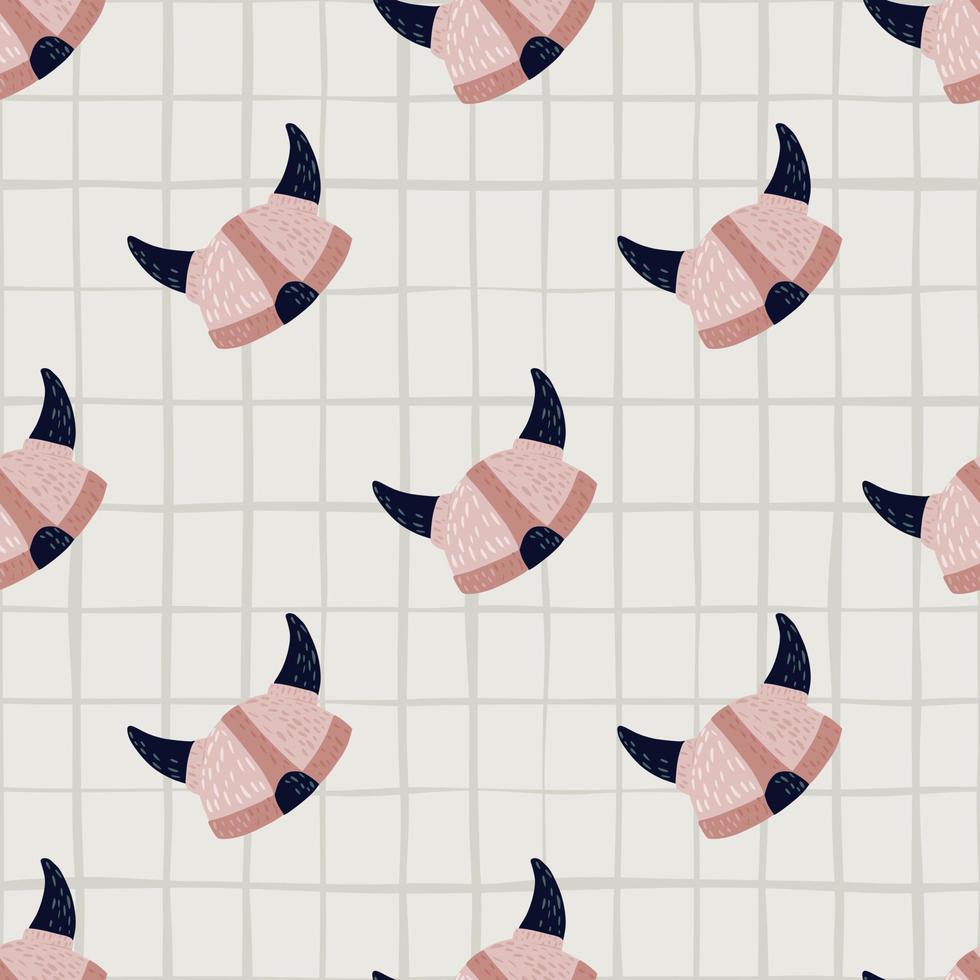 Norwegian seamless pattern with armor viking helmet silhouettes. Ancient elements in pink tones on grey chequered background. vector