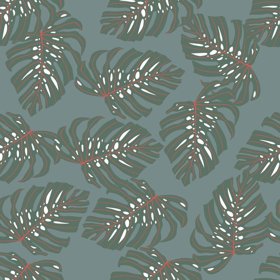 patrón sin costuras abstracto oscuro aleatorio con monstera verde pálido. estampado exótico. fondo azul pálido. vector