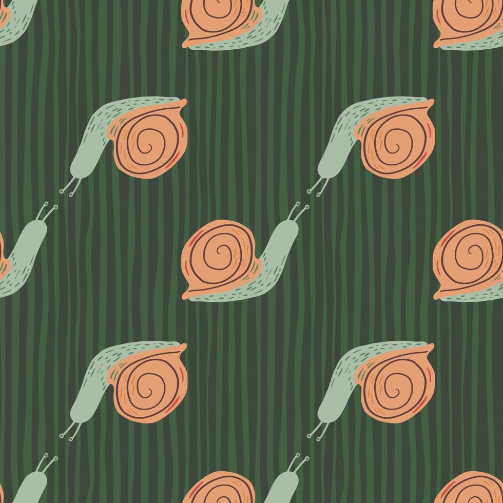 Autumn palette seamless animal pattern with snails. Cute childish prunt in orange color on green stripped background. vector
