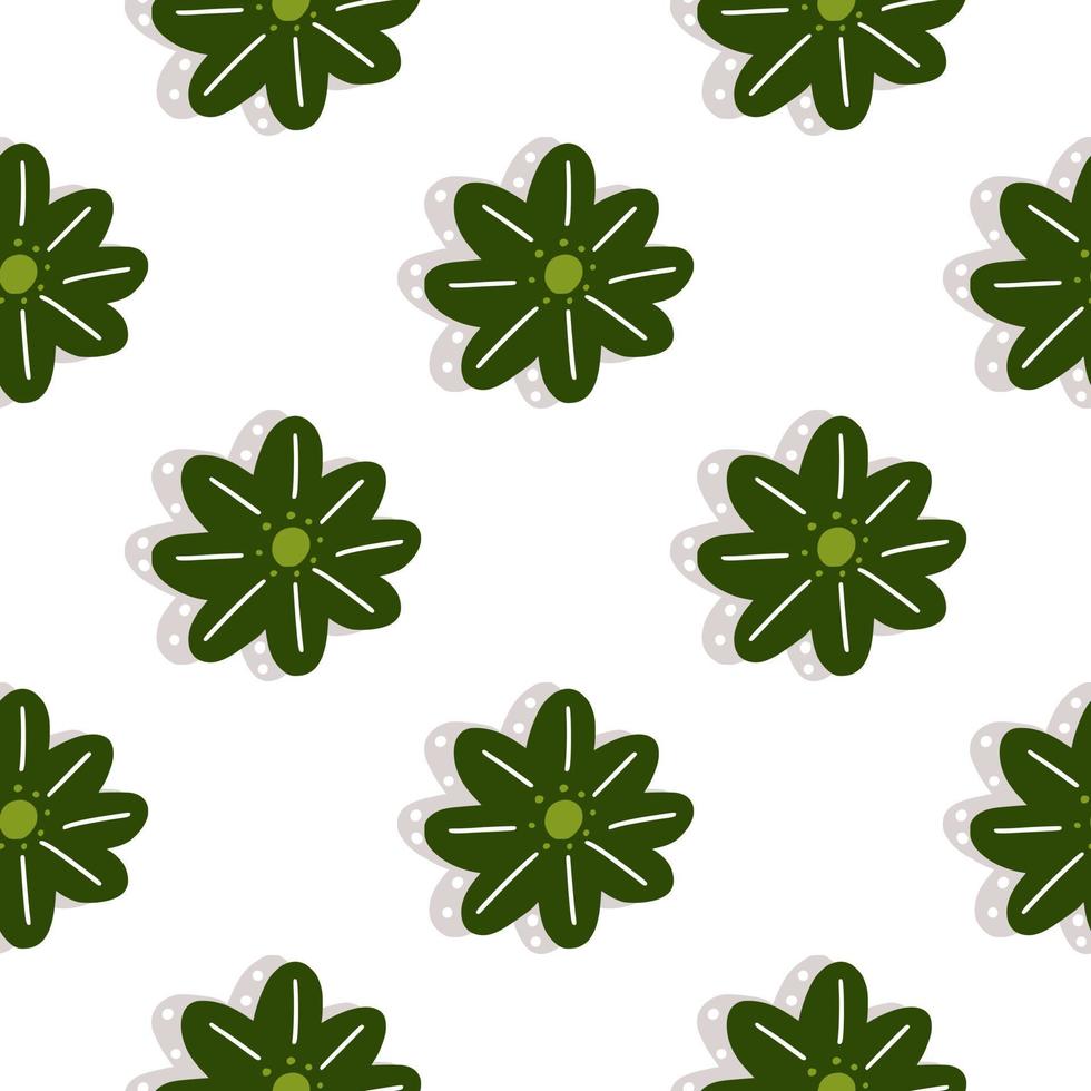Isolated seamless pattern with green hand drawn daisy flowers with shadow. White background. vector
