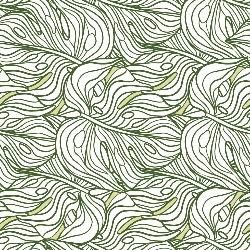 Creative seamless pattern with green contoured big monstera leaves ornament. Abstract outline leaf print. vector