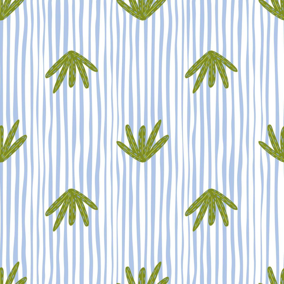 Vintage flora seamless pattern with doodle green leaves shapes print. White and blue striped background. vector