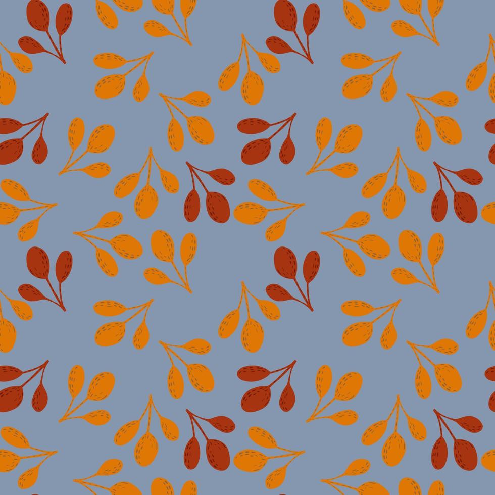 Autumn seamless doodle patern with orange and maroon colored fall branches. Random ornament on blue background. vector