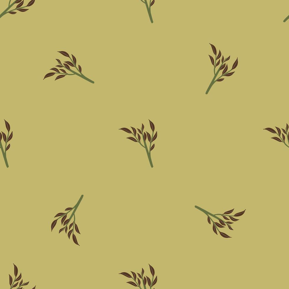 Seamless nature pattern with floral brown leaf branches shapes. Green olive pale background. Doodle print. vector