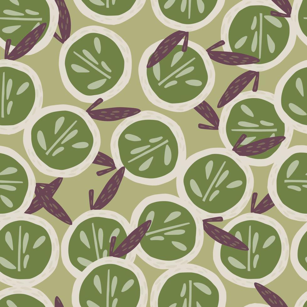 Random abstract seamless pattern with pale green half apple shapes with seeds. Purple leaf elements. vector