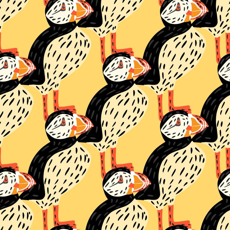 Arctic zoo seamless pattern in doodle style with simple puffin bird silhouettes. Yellow background. vector