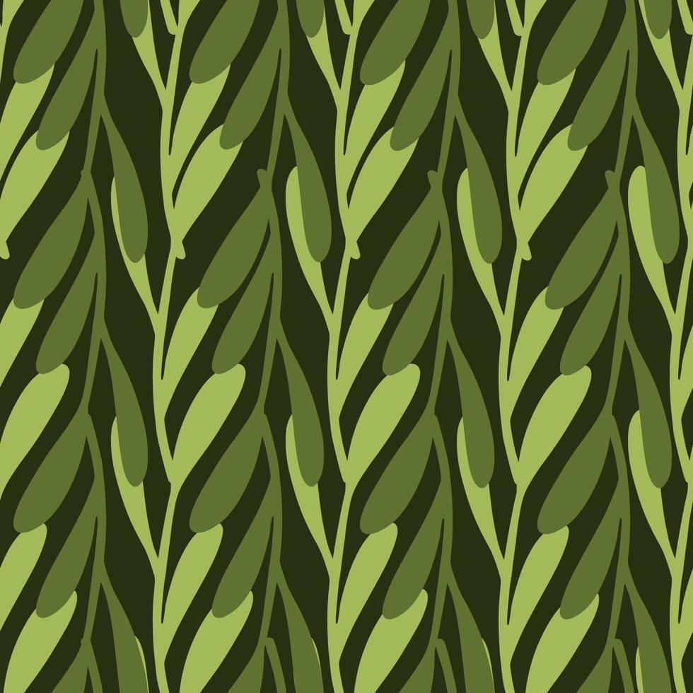 Seasonal organic seamless pattern with green twigs shapes. Brown background. Nature floral backdrop. vector