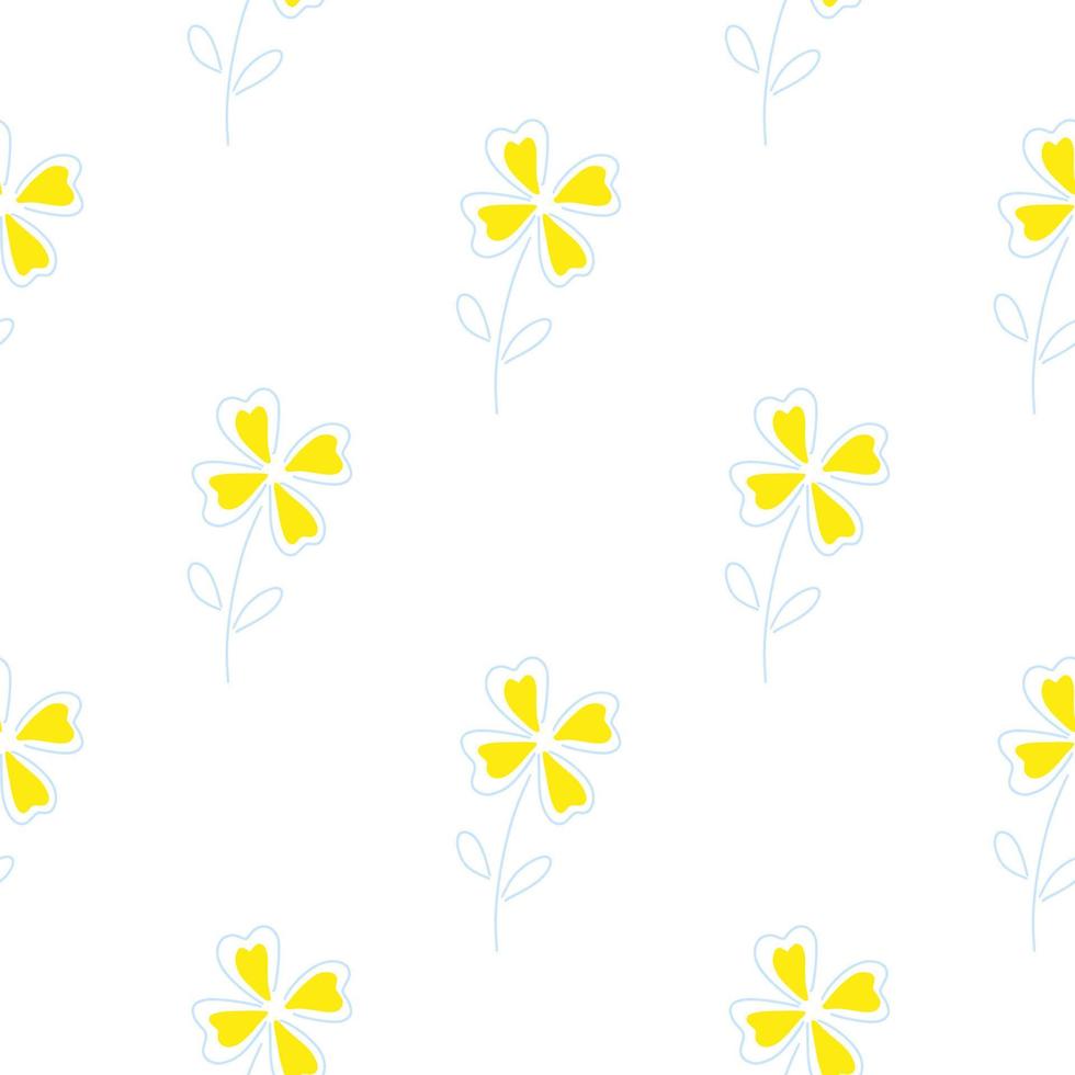 Minimalistic seamless floral pattern with yellow four-leaf clover elements. White isolated backdrop. vector