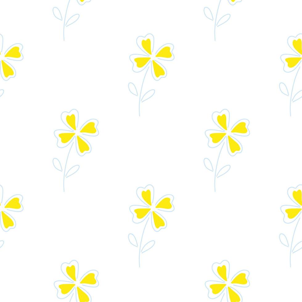 patrón floral minimalista sin fisuras con elementos de trébol amarillo de cuatro hojas. fondo blanco aislado. vector