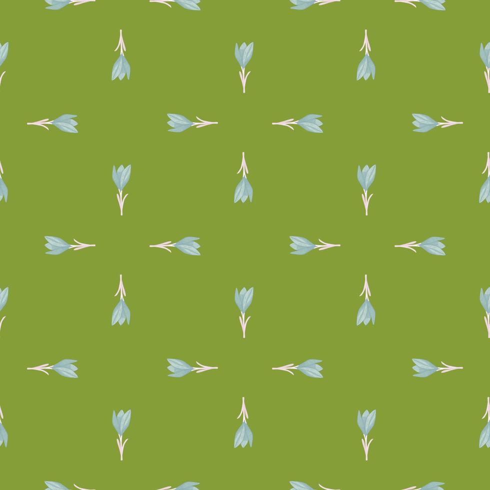 patrón botánico sin costuras de estilo geométrico con estampado de flores de azafrán azul. fondo verde oliva. telón de fondo floral. vector
