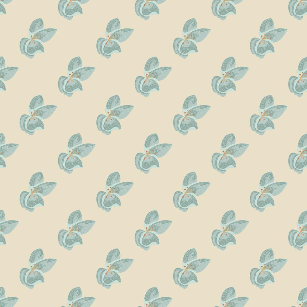 Pale tones seamless pattern with blue orchid flowers shapes. Beige background. vector