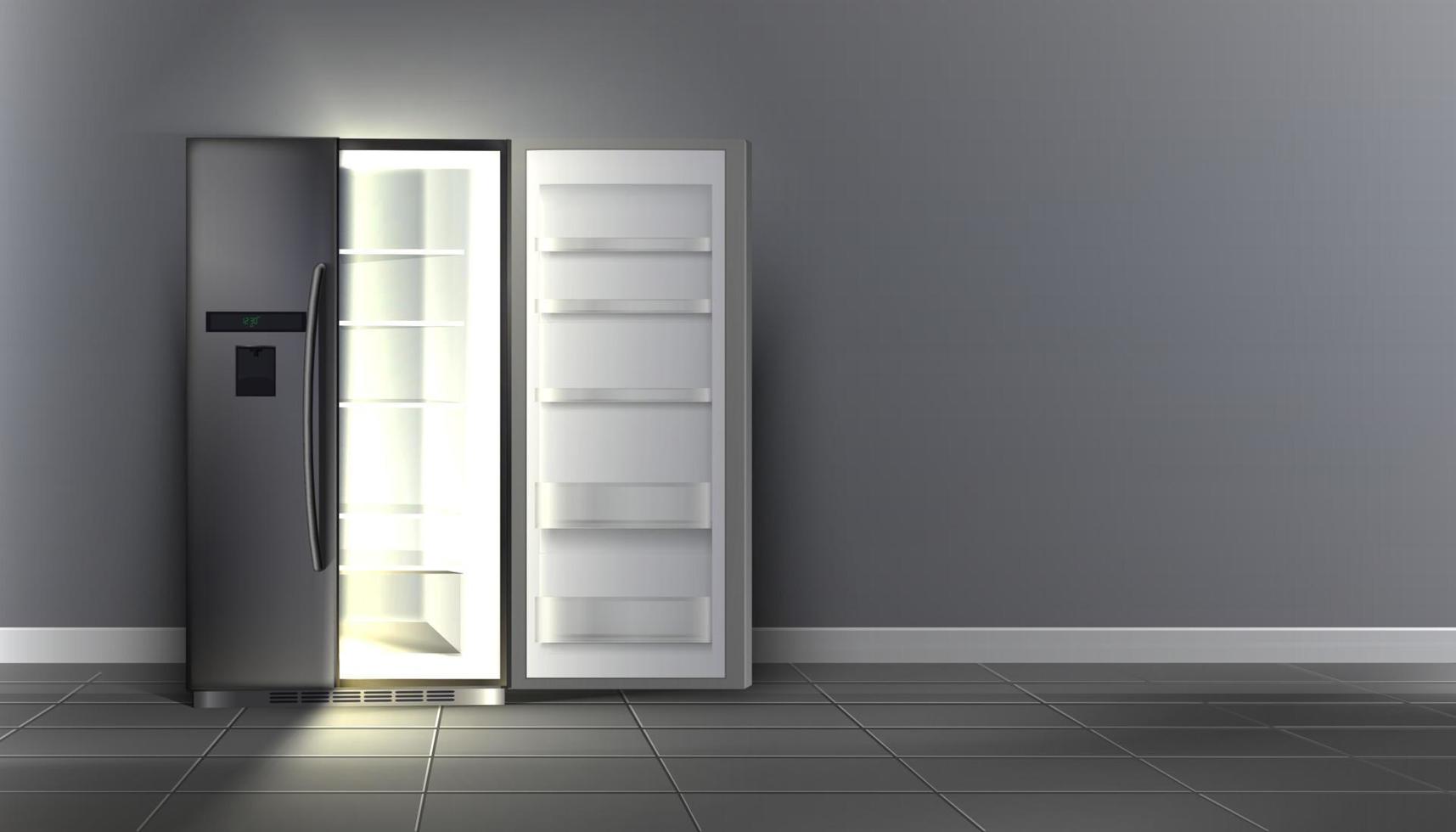 3d realistic vector open empty fridge side ways with shelves in the room.