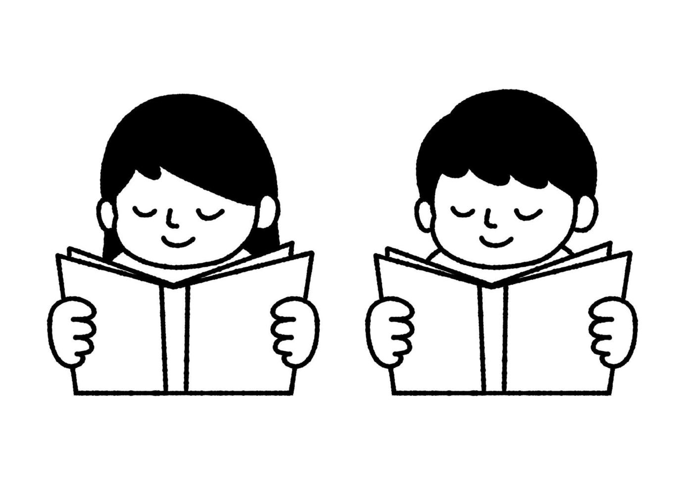 Boy and girl reading a book logo icon. Hand drawn, cute, trendy