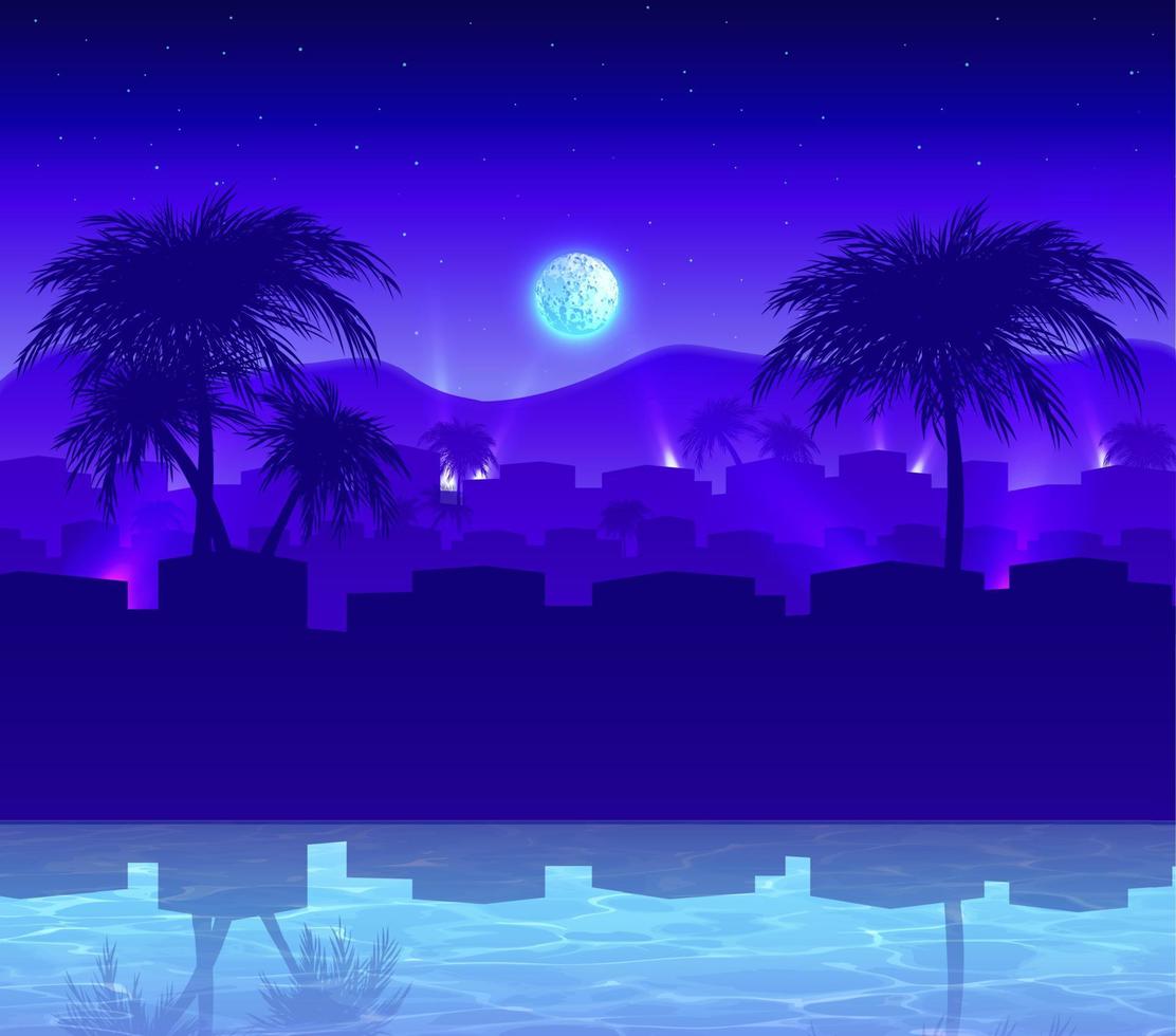 Vector cartoon style exotic night city background.