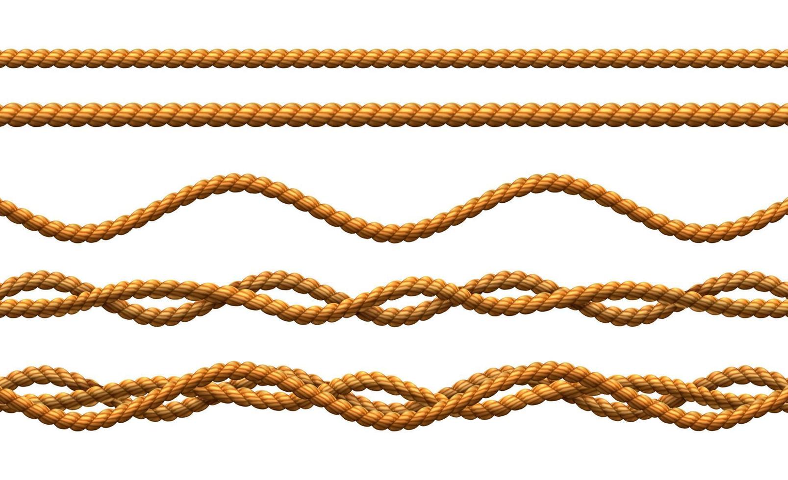 Patrones sin costuras de cuerda vectorial realista en 3d, cuerdas retorcidas y onduladas. vector
