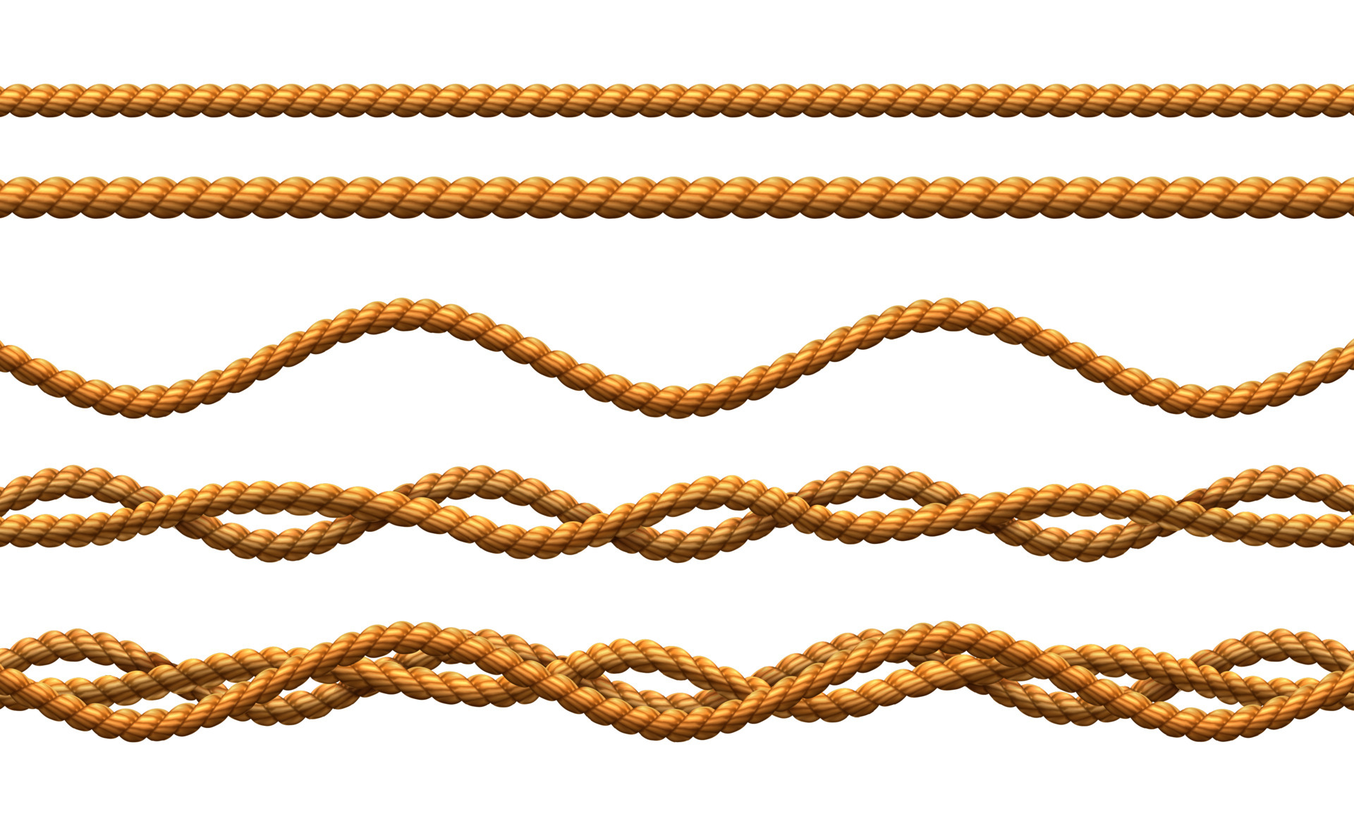 3d realistic vector rope seamless patterns, twisted and wavy cords