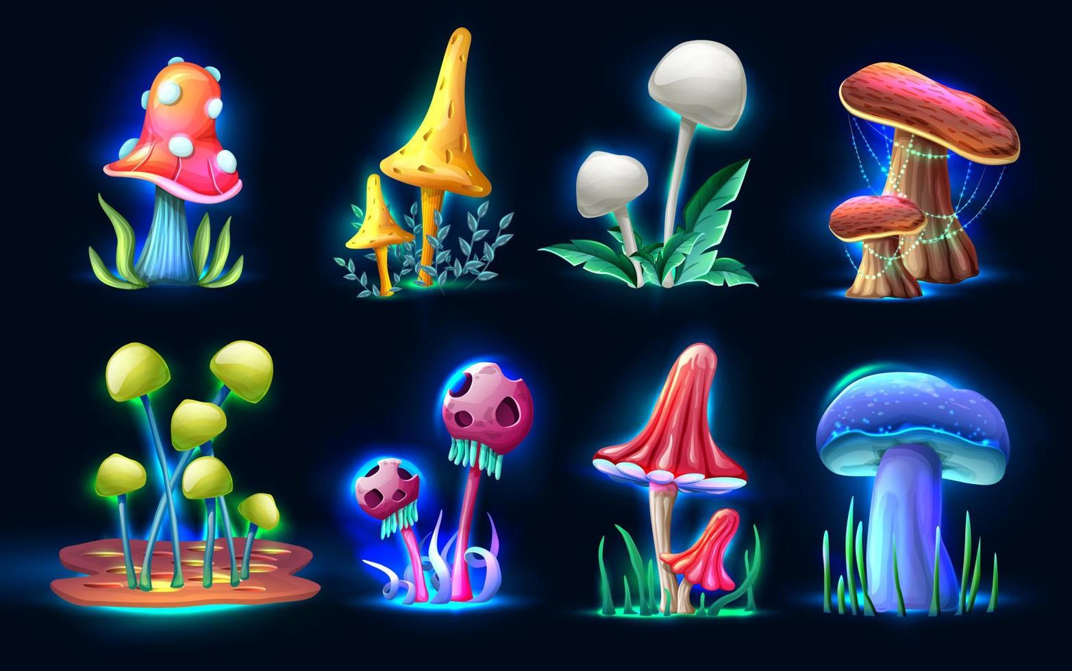 colección de hongos mágicos de fantasía de estilo de dibujos animados vectoriales que brillan en la oscuridad, aislados en fondo blanco. para web, videojuegos, interfaz de usuario, impresión de diseño. vector