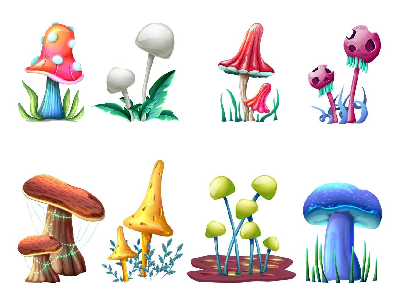 colección de hongos mágicos de fantasía de estilo de dibujos animados vectoriales, aislados en fondo blanco. para web, videojuegos, interfaz de usuario, impresión de diseño. vector