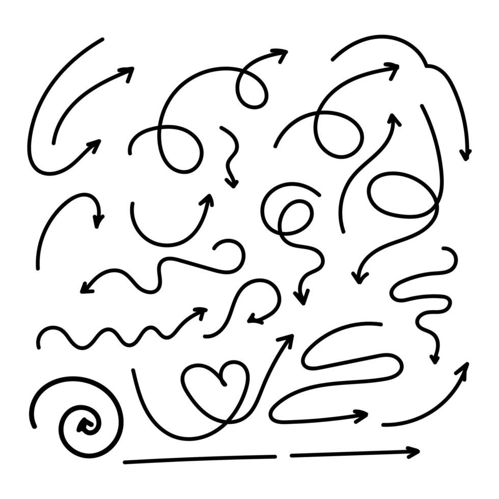Wavy arrows in various combinations. Arrow lines, arrow hearts. Pointers. Arrows. Design elements. vector
